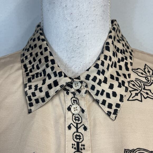 Me369 Blouse Tunic size Medium Gold Black HELLO HEY HI Artsy Peacock Graphic #S - Picture 4 of 12